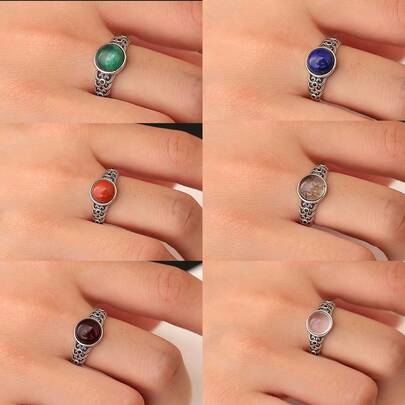 Adjustable Vintage 925 Sterling Silver Ring With Natural 8mm Red Agate/Turquoise/Lapis Lazuli/Rose Quartz, Bohemian Jewelry Birthday Gift