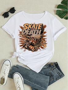 T-shirt graphique à manches courtes pour femmes, imprimé "Skate Or Death", t-shirt décontracté col rond, streetwear pour l'été, coupe ample - Blanc - Voir 4
