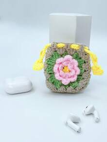 Women's Handmade Crochet Headphone Case Floral Design Drawstring Bag Mini Knitted Storage Pouch For Earbuds And Creative Gift Ideas - 卡其色 - 查看 4