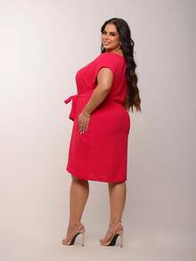 Vestido Lindo  Casual  elegante    Nó  Com cinto - Vermelho - Visão 3