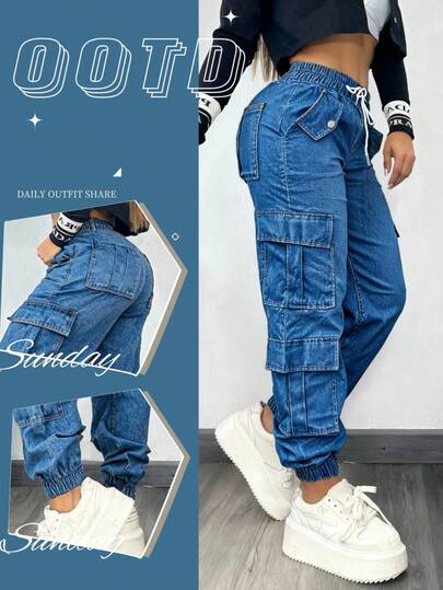 Women's Y2K Cargo Pants, Casual Loose Fit Trousers, Versatile Streetwear, Multi-Pocket Design, Elastic Waist, Suitable For Autumn, Casual, Fashion, Airport, Back To School, Hot Selling