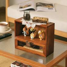 1PC Solid Wood Desktop Storage Cabinet With Drawers And Doors, One Drawer Per Compartment & Double Door Design, Freestanding Tabletop Organizer For Home Office Bedroom Makeup Vanity