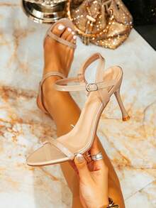 女士时尚简约杏色细高跟凉鞋，浪漫优雅，适合婚礼、情人节、派对和正式场合 - 杏色 - 查看 1