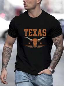 Men Texas Longhorn Graphic T-Shirt Texan State Pride Design With Bold LONGHORN Letters Lightweight Summer Tee For Everyday Special Occasions Machine Washable Casual Shirt For BBQ Parties Everyday Outfits Weekend Attire Statement Top Breathable Fabric Printed Top Western Lovers Party Outfit Durable Material Adult Clothing - 黑色 - 查看 1