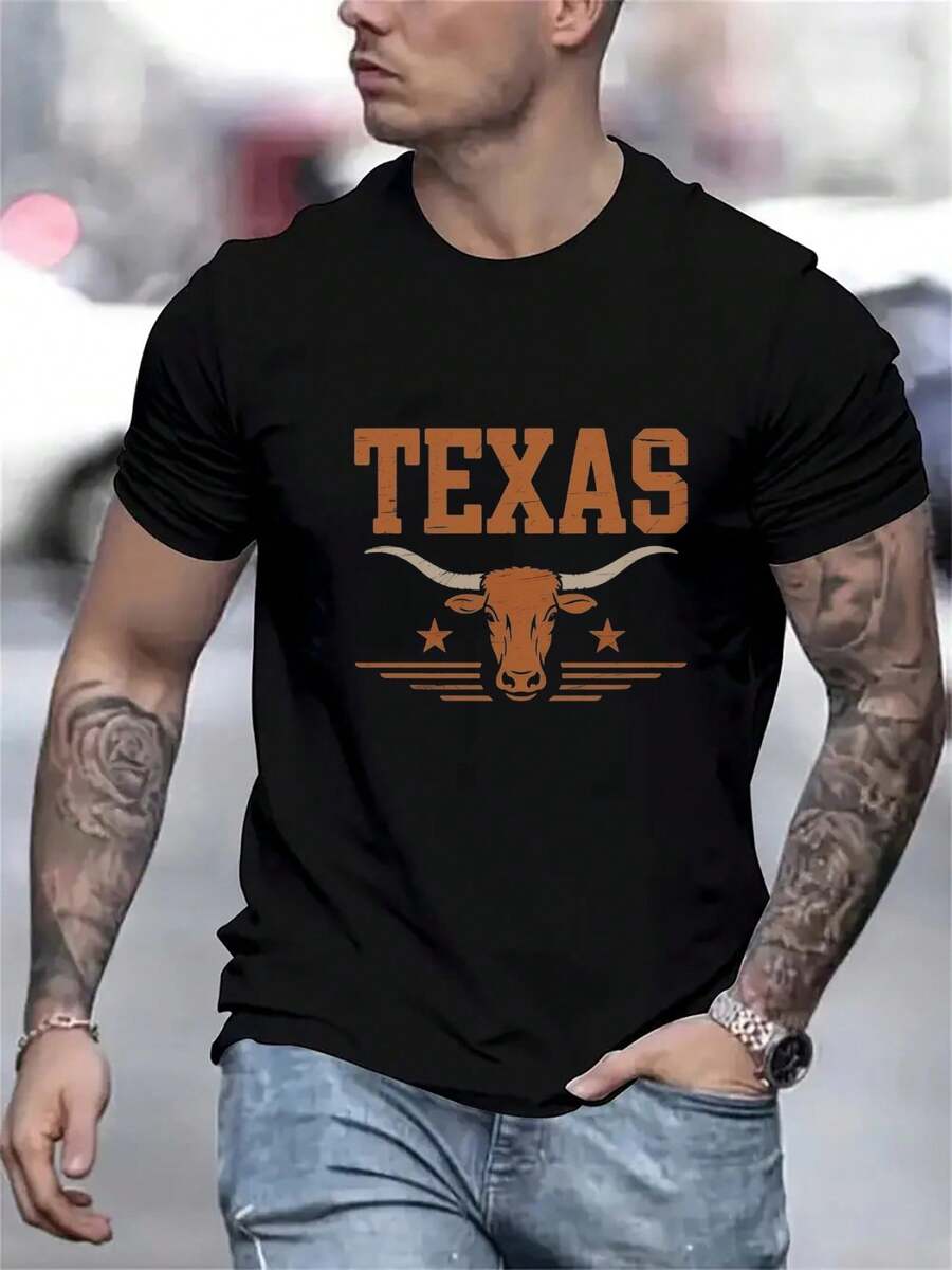 Men Texas Longhorn Graphic T-Shirt Texan State Pride Design With Bold LONGHORN Letters Lightweight Summer Tee For Everyday Special Occasions Machine Washable Casual Shirt For BBQ Parties Everyday Outfits Weekend Attire Statement Top Breathable Fabric Printed Top Western Lovers Party Outfit Durable Material Adult Clothing - 黑色 - 查看 1