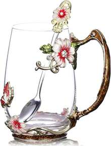 Juego de Taza de té y Taza de Café de Vidrio con Cuchara - Hermosa Flor Mariposa Rosa Taza, Regalo perfecto (Azul Corta) - Crisantemo Alta Rosa - Ver 11