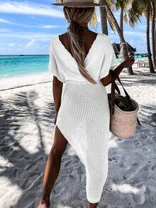 2026新款V领侧开衩抽绳腰镂空纯色针织长裙，女士夏季连衣裙，女士夏季套装，女士沙滩装，女士沙滩裙，女士度假套装，女士假日连衣裙，女士度假服，女士优雅连衣裙，女士夏季度假套装，女士休闲连衣裙，女士邮轮服，女士演唱会套装，女士生日套装，波西米亚风夏季度假套装，抽绳腰连衣裙 - 白色 - 查看 3