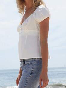 Women's Smocked Short Sleeve Lace Trim Blouse V Neck Ruffle Hem Peplum Shirt Tops - White - View 9