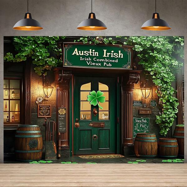 1件圣帕特里克节背景布，带有酒馆和三叶草藤蔓背景设计，涤纶面料，适用于派对、露台、家居装饰和摄影用品。