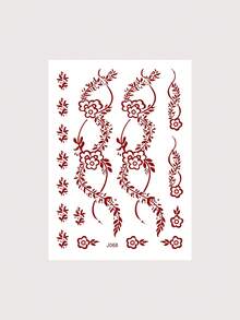 1张棕色防水花朵海娜纹身贴纸，女士专用，手部假纹身，婚礼派对节日临时纹身 - 酒紅色 - 查看 11