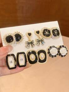 6对/套 奢华复古花朵蝴蝶结耳环，饰以仿珍珠，适合日常及节日佩戴，轻奢高端女士耳环，方形仿珍珠耳环，女士仿珍珠首饰套装 - 彩色 - 查看 2