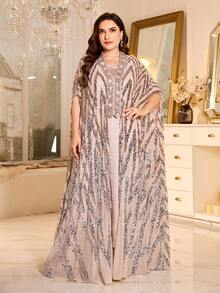 Solessence Plus Size V-Neck Batwing Sleeve Robe, Asymmetric Contrast Sequin Applique, Non-Stretch Fabric, Elegant Women's Dignified 2-Piece Dress Set - Apricot - View 5