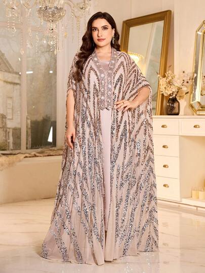 加大码V领蝙蝠袖睡袍，不对称撞色亮片贴花，无弹力面料，优雅女士两件套连衣裙