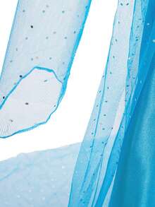 女童蓝色长袖连衣裙，网纱设计公主裙，配有皇冠和魔法棒，适合节日派对、角色扮演 - 藍色 - 查看 6