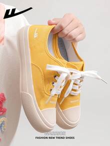 1双 WARRIOR 女士厚底系带软底休闲鞋，低帮户外平底鞋，圆头低跟防滑纯色优雅软底徒步鞋，适合学生、毕业照、平底鞋、低帮皮质运动滑板鞋 - 黃色 - 查看 6
