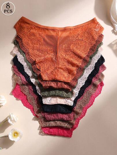 8 PCS Sexy Lace Hollow Out Low Rise No Show Panties For Women - Soft Stretchable Seamless Bikini Underwear Set, Daily Wear,Sports, Yoga & Intimates Underwear Briefs