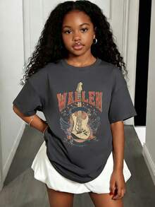 1 件女童休闲鸭印花圆领短袖 T 恤，年轻学生运动服，艺术风格，激发想象力和自我表达，夏季 - 深灰色 - 查看 2