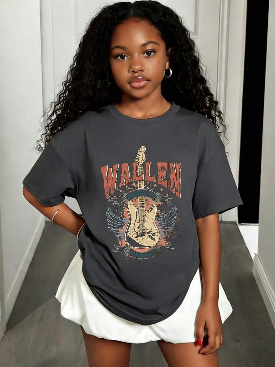 1pc Girls Casual Duck Print Round Neck Short Sleeve T-Shirt, Young Student Activewear In Artistic Style Inspiring Imagination And Self-Expression, Summer - Dark Grey - View 1