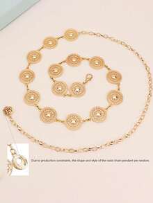 1件波西米亚风高端百搭金色复古镂空圆盘腰链，复古时尚独特设计裙链腰带，适合女性在任何场合佩戴 - 金色 - 查看 5