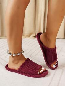 Women's Striped Fabric Slippers, Fashionable Casual Indoor Wear, Autumn/Winter - Burgundy - View 9