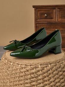 MonaNise 女士时尚尖头黑色布面低跟鞋，蝴蝶结装饰，适合度假、旅行、购物、户外活动，性感复古休闲灰色高跟鞋，百搭高端鞋履 - 軍綠色 - 查看 5