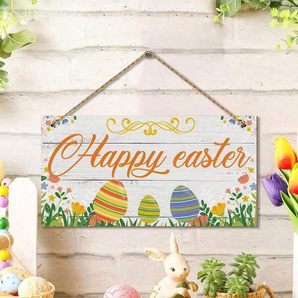 1pc Easter Wooden Decoration Home Farmhouse Front Door Happy Easter Sign Rustic Spring Season Decor Wood Wall Art Wall Hanging Decor Fun Spring Home Decor Egg Ornament Easter Gift Wooden Decor Plaque