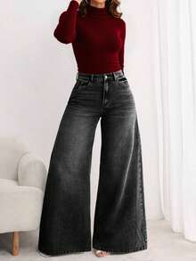 Pantalones Palazzo de Mezclilla de Cintura Alta para Mujer: Vaqueros Anchos para Estilos Casuales y Elegantes Bolsillos delanteros de botones femeninos ocio relajado retro lavado pantalones de piernas anchas para cubrir la carne delgada pantalones de campana nuevos y de moda,pantalon de mezclilla dama,san valentín ropa,pantalones de mujer,Lavado de agua negro retro - Negro - Ver 7