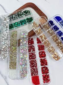 12格12色多形状平底3D美甲水钻，玻璃矿物朋克风金色水晶饰品工具套装，DIY工艺，面部，服装，美甲装饰，美甲饰品，美甲宝石，美甲用品，美甲 - 彩色 - 查看 7