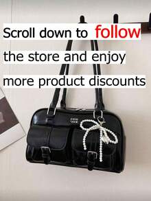 Túi xách nữ cao cấp, túi đeo vai/túi xách tay đa năng thời trang Hàn Quốc, thiết kế nhiều ngăn phong cách retro, túi công sở, chất liệu PU màu đen tuyền, túi đeo vai/túi xách tay, trang trí bằng mặt dây chuyền nơ ngọc trai, kiểu dáng túi hình quả bóng bowling, nhiều ngăn bên trong, đa chức năng, khóa kéo kim loại trơn tru, hai quai xách phía trên, đeo vai hoặc xách tay. - màu đen - Xem 2