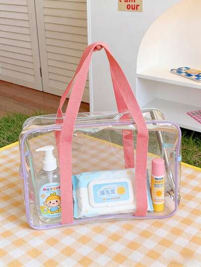 1/2个装儿童透明果冻洗漱包，大容量，PVC材质，沙滩包，透明游泳收纳袋，户外运动风格，轻便，拉链封口，可调节肩带，易于擦拭清洁