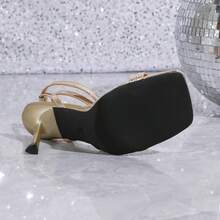 女士时尚优雅舒适踝带方头亮金色极简高跟凉鞋，适合派对、宴会、度假、夜店等场合，百搭细高跟鞋 - 金色 - 查看 2