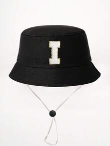 1顶26字母印花儿童渔夫帽+可拆卸防风绳，可调节户外遮阳帽，适合男孩女孩，春秋季旅行、海滩、度假 - 黑色 - 查看 34