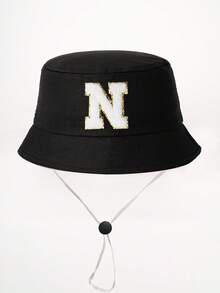 1顶26字母印花儿童渔夫帽+可拆卸防风绳，可调节户外遮阳帽，适合男孩女孩，春秋季旅行、海滩、度假 - 黑色 - 查看 21