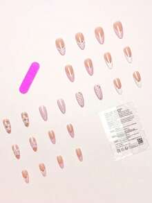24pcs/Set Elegant Gradient Pink & White Almond-Shaped Nail Stickers With 3D Floral & Pearl Decor, Includes Gel Polish And Nail File, Suitable For Girls/Women For Daily, Party, Autumn Nails - 彩色 - 查看 3