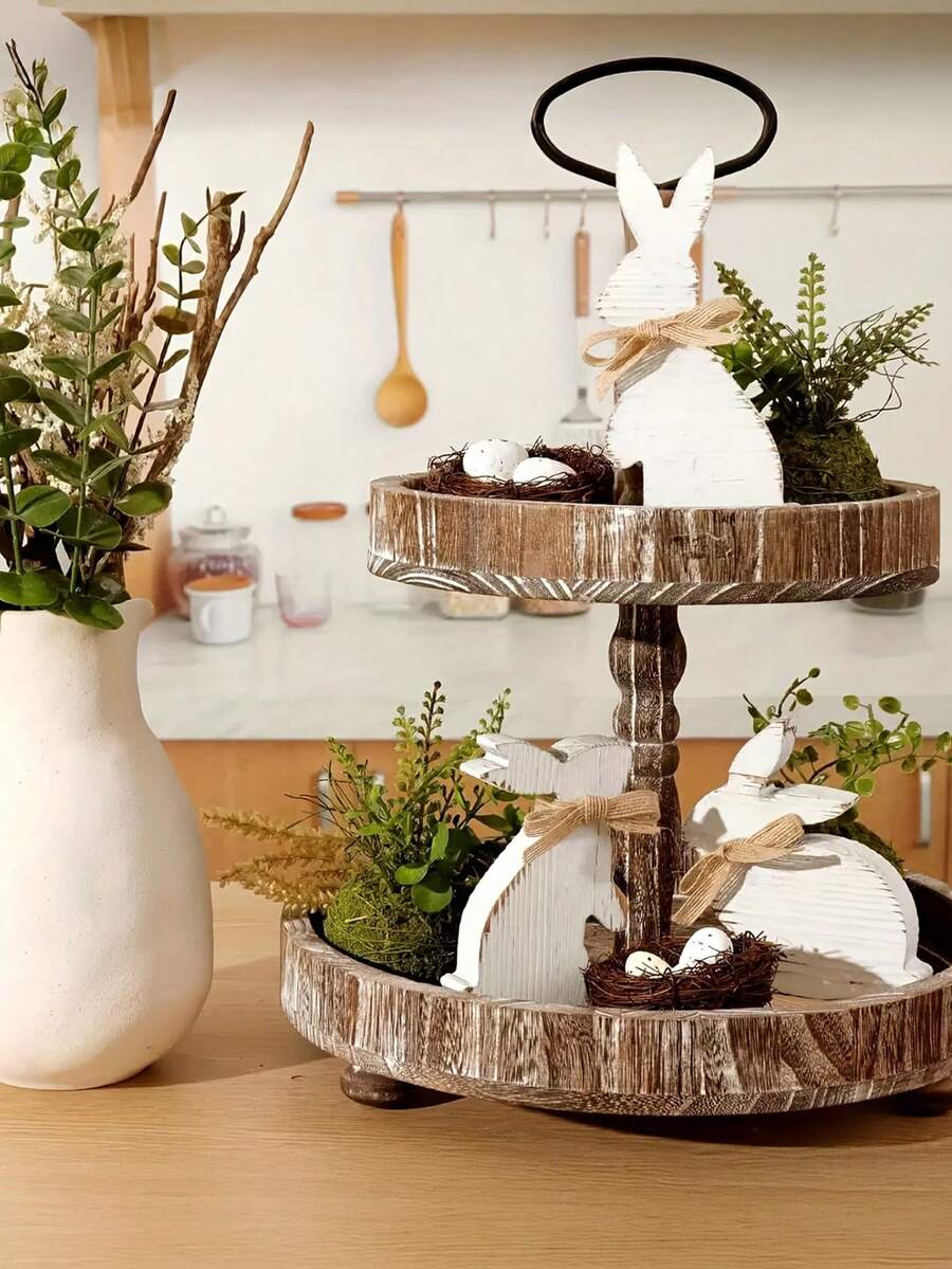 3件套复活节兔子装饰牌，复活节兔子桌面装饰工艺品 - 白色 - 查看 1