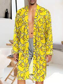 男女通用长袖卡通鸭子印花口袋浴袍，带腰带 - 彩色 - 查看 4