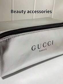1pc Gucci Silver Cosmetic Pouch/Pencil Case, Suitable For Daily Use. High-End Quality, Portable With Zipper Pocket.