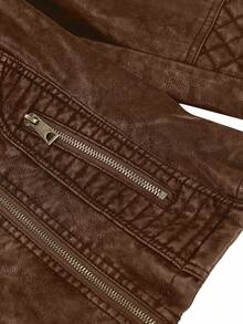 女士仿皮短款机车夹克 - 不对称拉链设计，时尚街头风，秋冬款 - 深棕色 - 查看 7