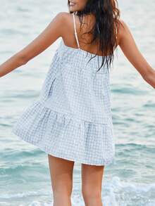 Women's Summer Plaid Mini Dress Spaghetti Strap Sleeveless A-Line Casual Beach Sundress With Pockets - 天藍色 - 查看 4
