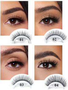 4款自粘假睫毛 - 无需胶水，3D仿貂毛，可重复使用 - 猫眼款、纤细款和自然款 - 日常及派对佩戴，轻松打造完美妆容