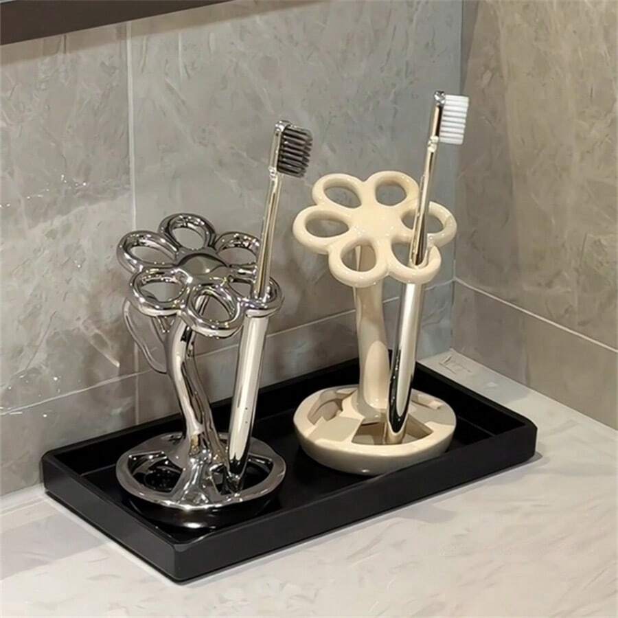 クリエイティブフラワーセラミック歯ブラシホルダー 電動歯ブラシホルダー、またはメイクブラシや鉛筆の収納ラック、バスルームドレッサー収納ラック - 新年モデル バスルーム、寮、学校に適合 バレンタインデーのギフトとしても理想的な選択肢です 2つ購入した方がコストパフォーマンスも良いでしょう - マルチカラー - チェックする 1