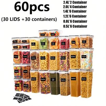 84/48pcs Food Storage Tanks, Kitchen Storage Boxes, Food Organization, Plastic Can Sets, Suitable For Grains, Pasta, Flour And Sugar, Food Preservation Boxes, Made Of And Healthy Materials (42/24/10Jars +42/24/10LIDS)