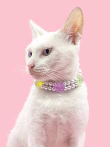 双层珍珠项链，适合中小型宠物，双层仿珍珠项链，花朵造型宠物饰品 - 彩色 - 查看 1