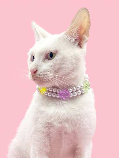 双层珍珠项链，适合中小型宠物，双层仿珍珠项链，花朵造型宠物饰品