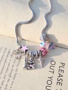 1件装恶魔之眼吊坠项链、星座名字项链、粉色星星冰淇淋可爱风格项链、自由女神像旅行纪念项链、天秤座项链、爱心无限项链