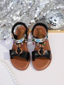 1双儿童波西米亚风套脚弹力带PU防滑耐穿可爱休闲平底鞋，适合送礼、上学、海滩、露营、春季郊游，2026新款 - 黑色 - 查看 12