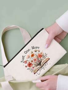 1/2pcs Set Large Capacity Beige Canvas Floral & Book Themed Printed Tote Bag And Zipper Storage Bag Set, Fashionable Floral & Book Themed Shoulder Bag, Shoulder Bag, Multifunctional Portable Travel Storage Makeup Set, Suitable For Back To School, Graduation, Travel, Birthday, Anniversary, Teacher's Day, Thank You Gifts, Essential For Students And Teachers, Great For Travel