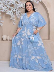 Plus Size Long Dress With V-Neck And Short Sleeves - NV Blue Print - View 1