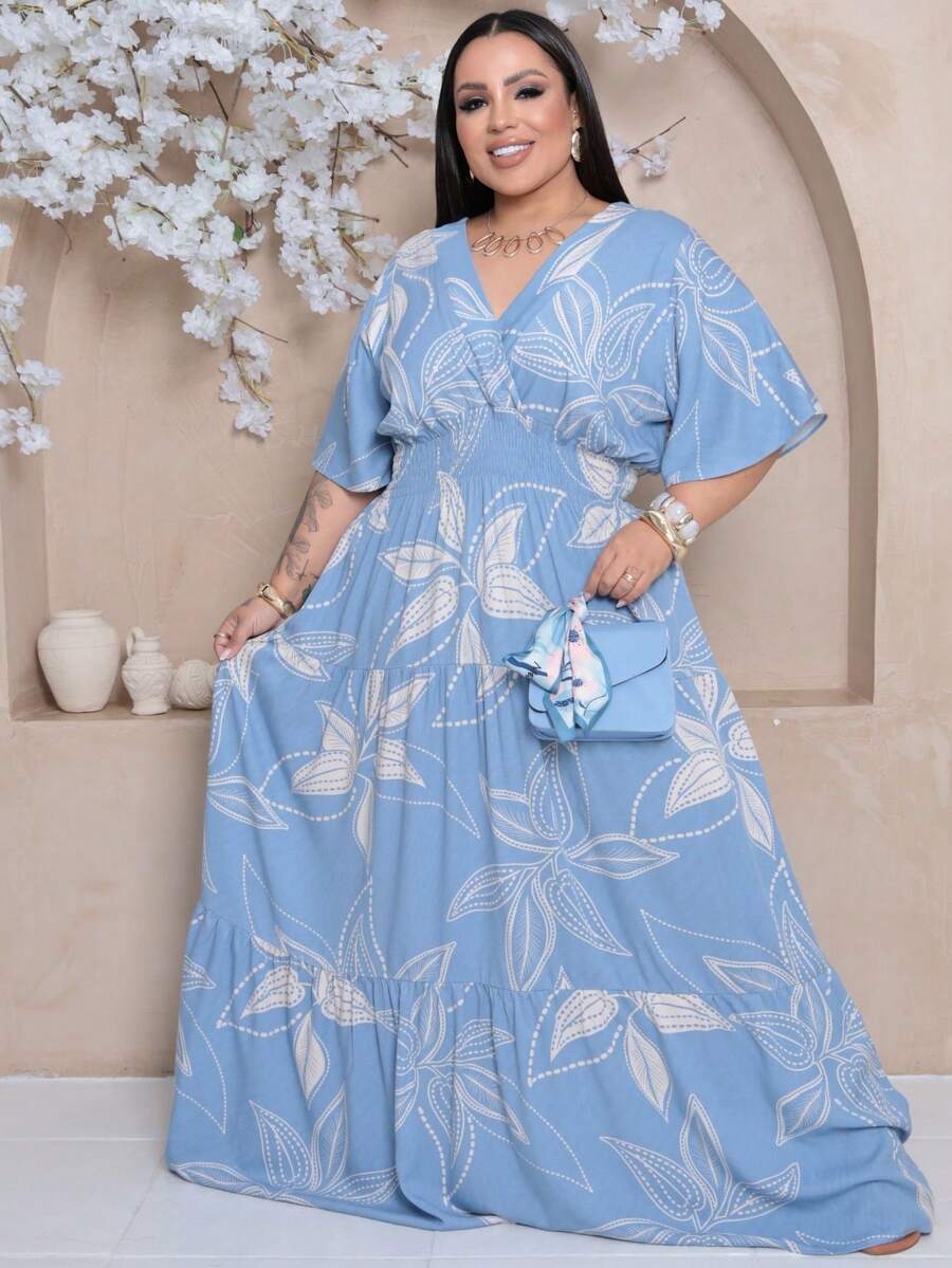 Plus Size Long Dress With V-Neck And Short Sleeves - NV Blue Print - View 1