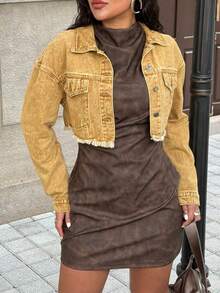 女式休闲流苏牛仔夹克，春秋季 - 卡其色 - 查看 3